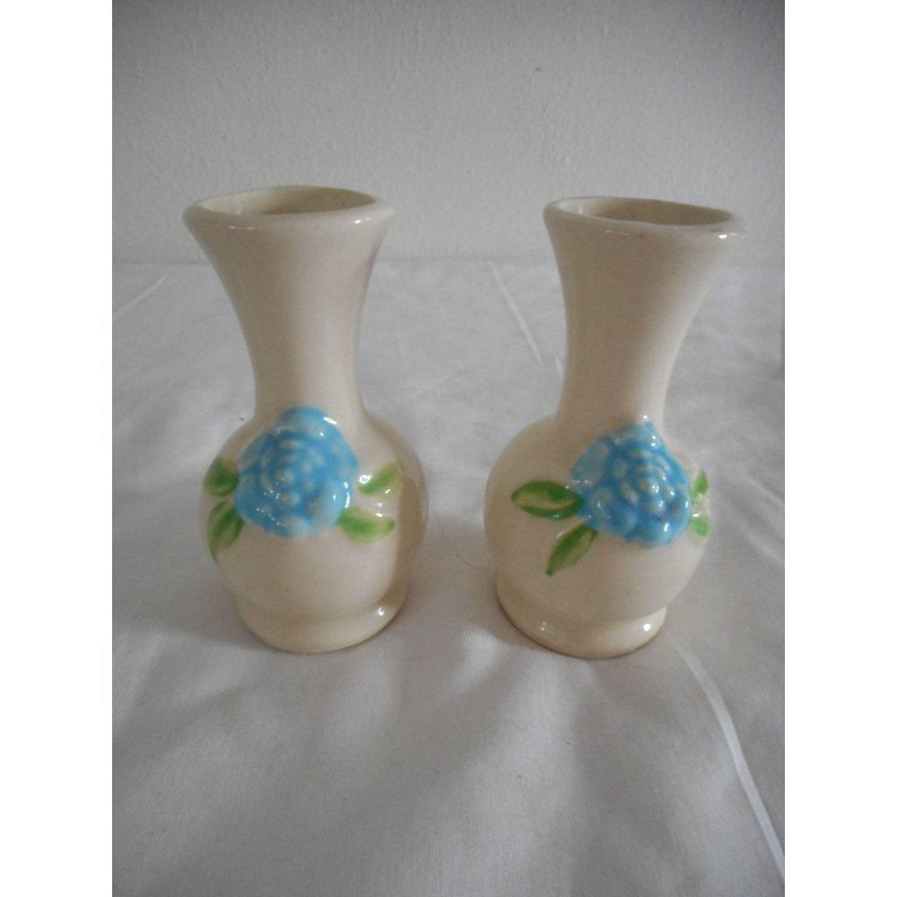 2 Vintage USA pottery  blue cream floral bud vase